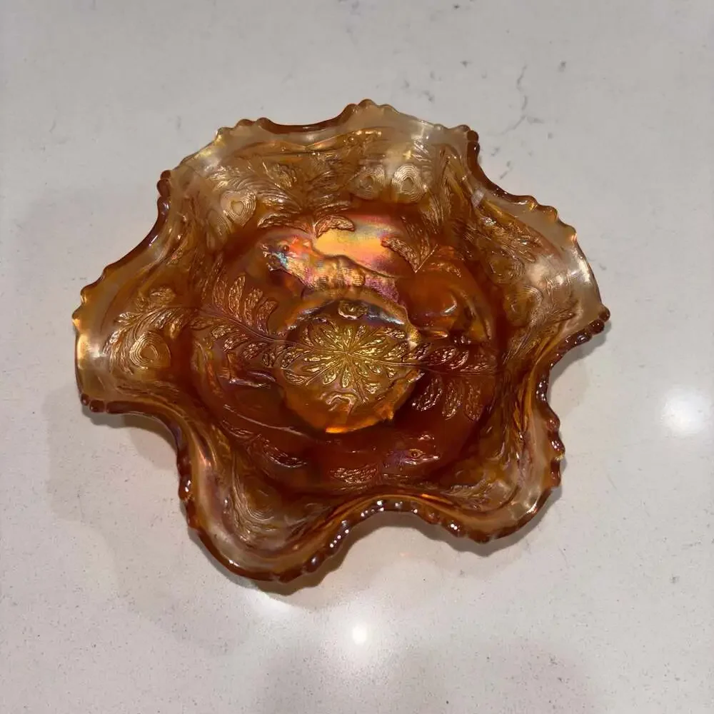 Fenton Antique Marigold Carnival Glass Panther Pattern 3-Footed Ruffled Bowl